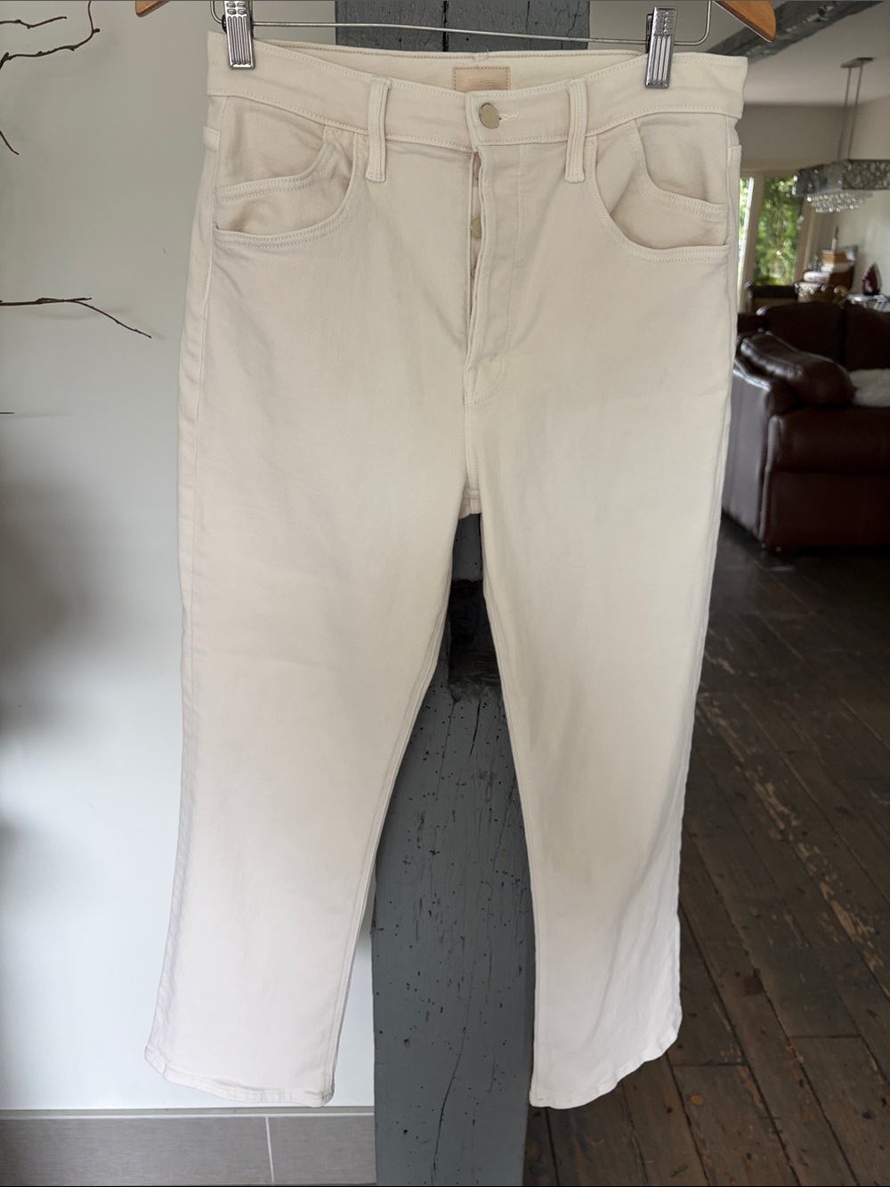 MOTHER Slim Straight Jeans in Cream
